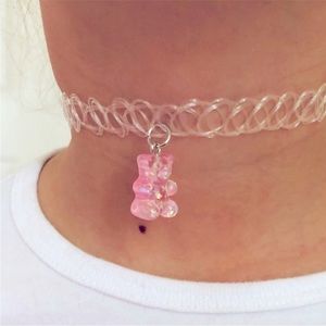 NWT Pink Gummy Bear Charm Girls Choker Necklace Jewelry Stretches to Fit New